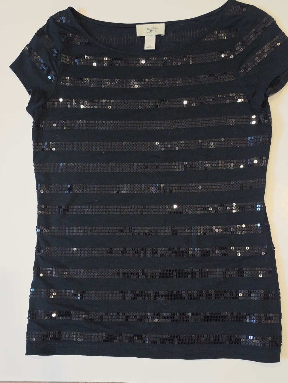 LOFT Navy Sequin Stripe Short Sleeve Tee